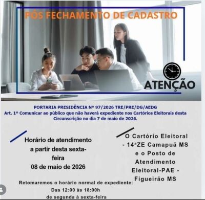 Imagem da notícia Cartórios Eleitorais suspendem atendimento nesta quinta-feira em Figueirão
